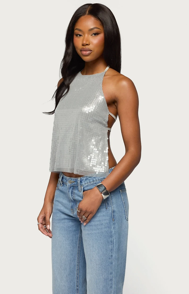 Edikted Itara Sequin Backless Halter Top