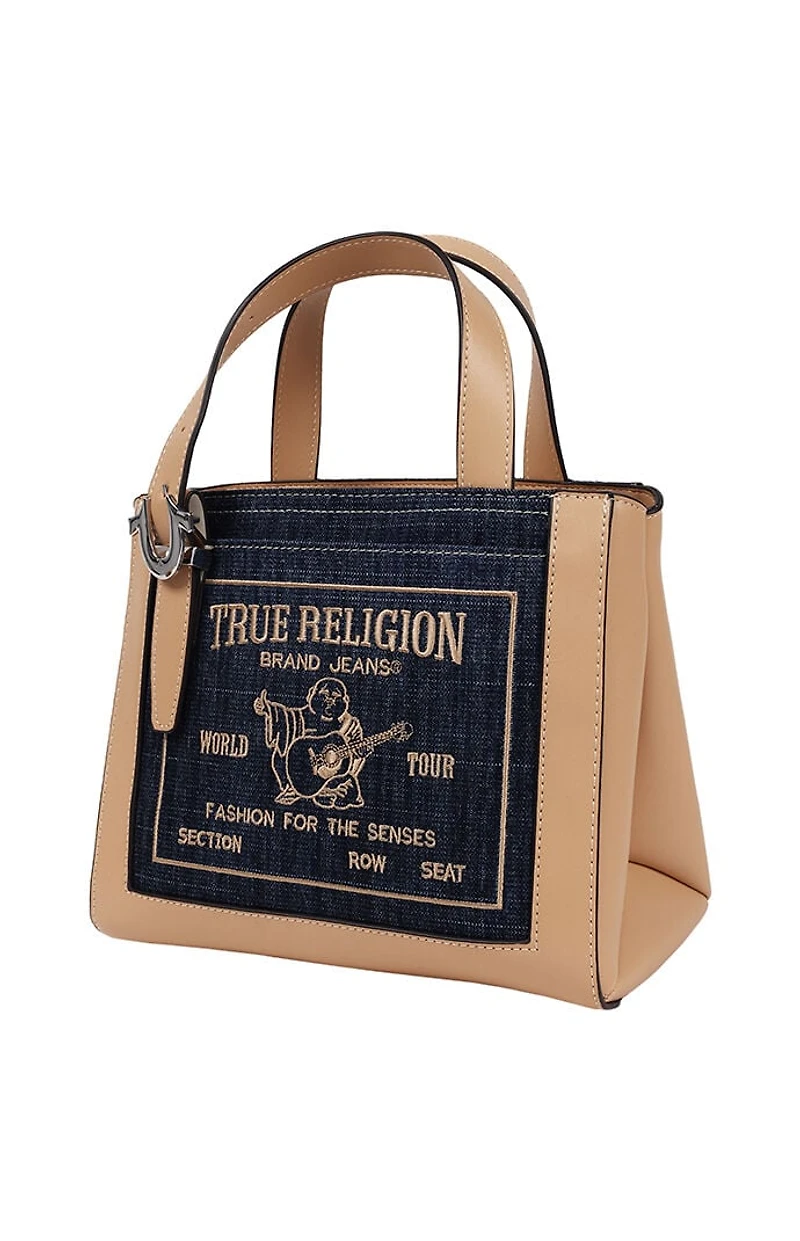 True Religion Dark Denim Arvin Buddha Motif Crossbody Tote Bag