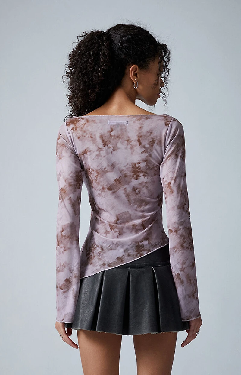 Third Charm Gretchen Mesh Printed Boat Neck Long Sleeve Top