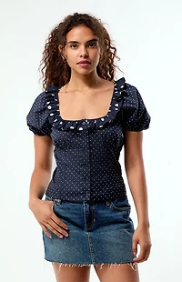 WEWOREWHAT Polka Dot Ruffle Button Up Top