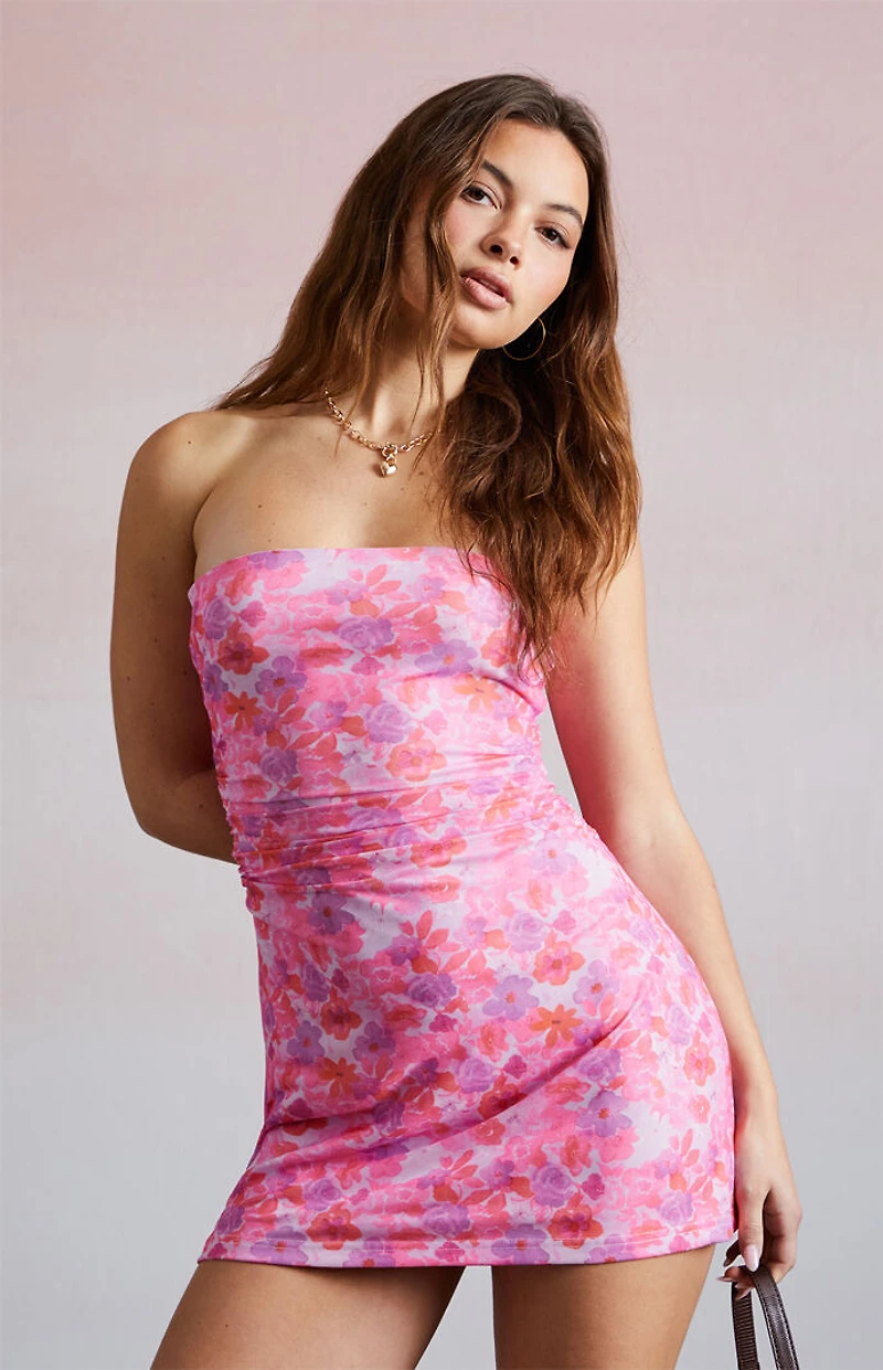 Third Charm Printed Strapless Mesh Mini Dress