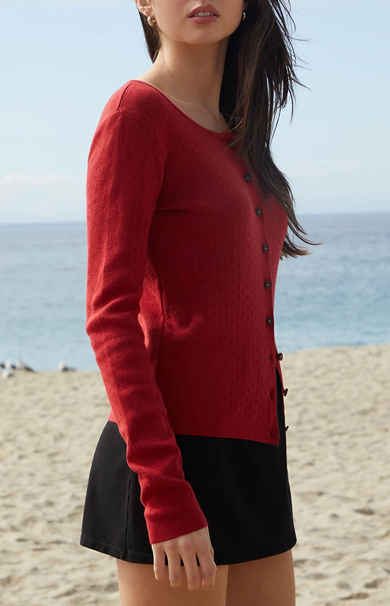 John Galt Red Athelia Pointelle Cardigan