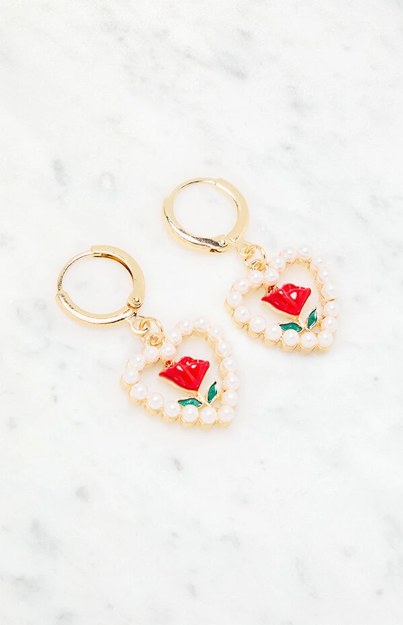 LA Hearts Pearl Heart Rose Hoop Earrings