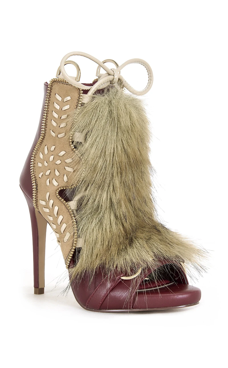 AZALEA WANG Women's Shainy Faux Fur Gladiator Sandal Booties