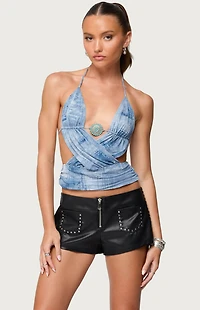 Edikted Crossover Backless Printed Mesh Top