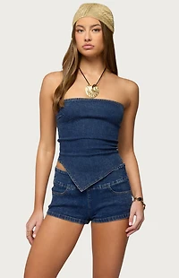 Edikted Zaida Asymmetric Denim Strapless Top