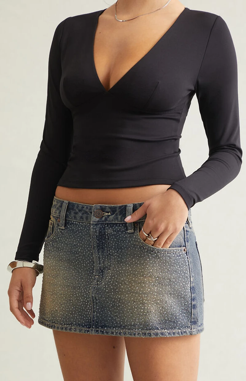 Pacsun Dark Blue Tint Rhinestone Low Rise Denim Micro Mini Skirt