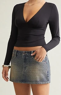 Pacsun Dark Blue Tint Rhinestone Low Rise Denim Micro Mini Skirt