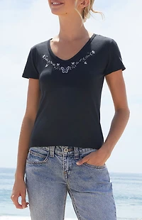 John Galt Butterfly Embroidered Short Sleeve Top