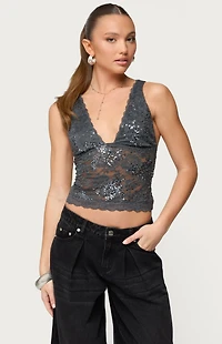 Edikted Isabela Sequin Sheer Lace Tank Top