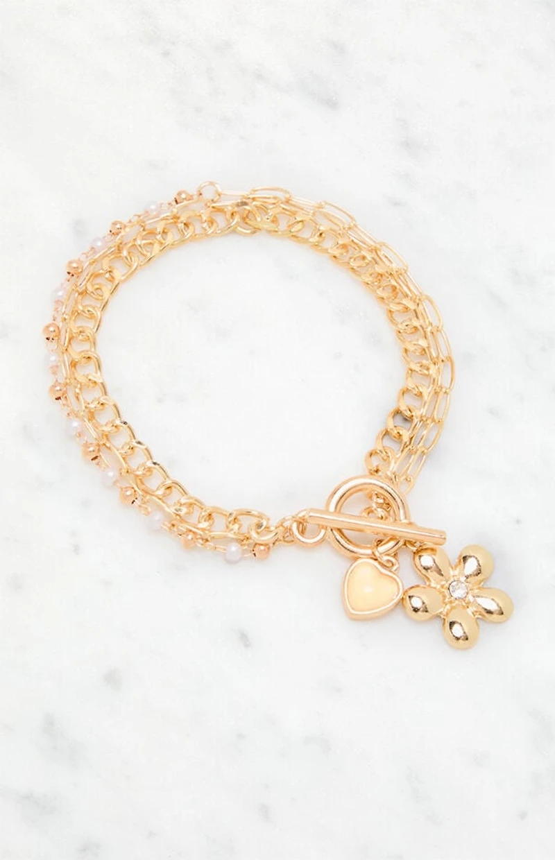 LA Hearts Flower Charm Chain Bracelet