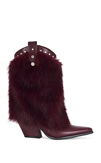 AZALEA WANG Women's Violetta Burgundy Faux Fur Western Booties