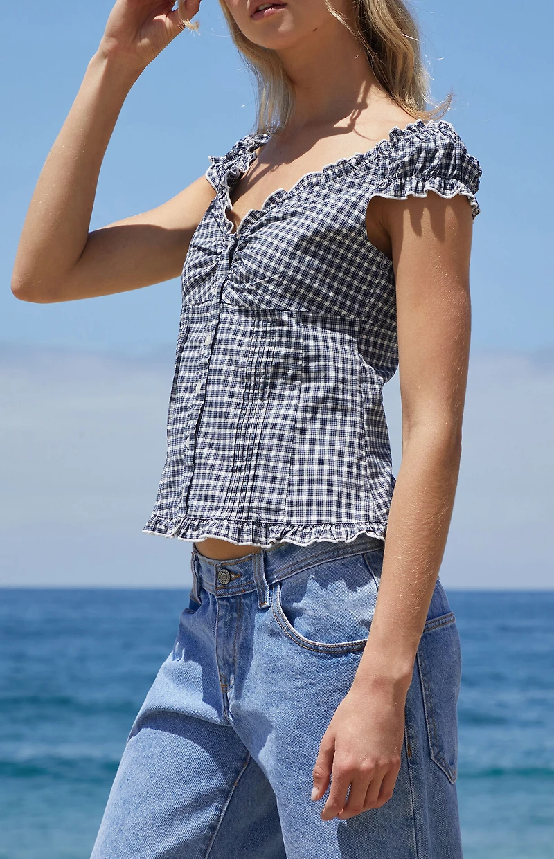 John Galt White & Blue Plaid Elena Top