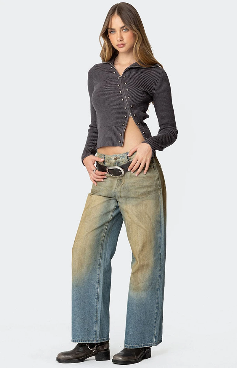 Edikted Ribbed Asymmetric Zip Up Cardigan