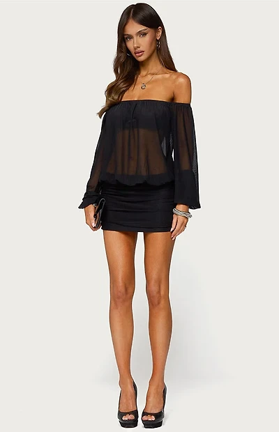 Edikted Jorie Sheer Mesh Off Shoulder Bubble Dress