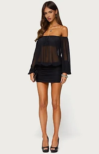 Edikted Jorie Sheer Mesh Off Shoulder Bubble Dress