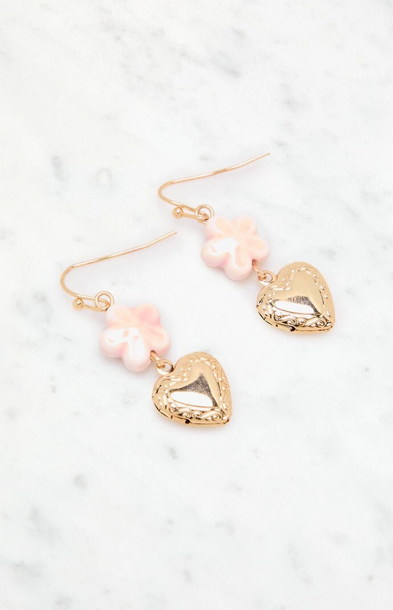 LA Hearts Gold Flower Heart Locket Earrings