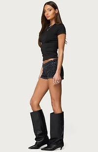 Edikted Moirah Rhinestone Denim Micro Shorts