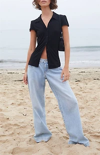 John Galt Black Button Front Collared Top