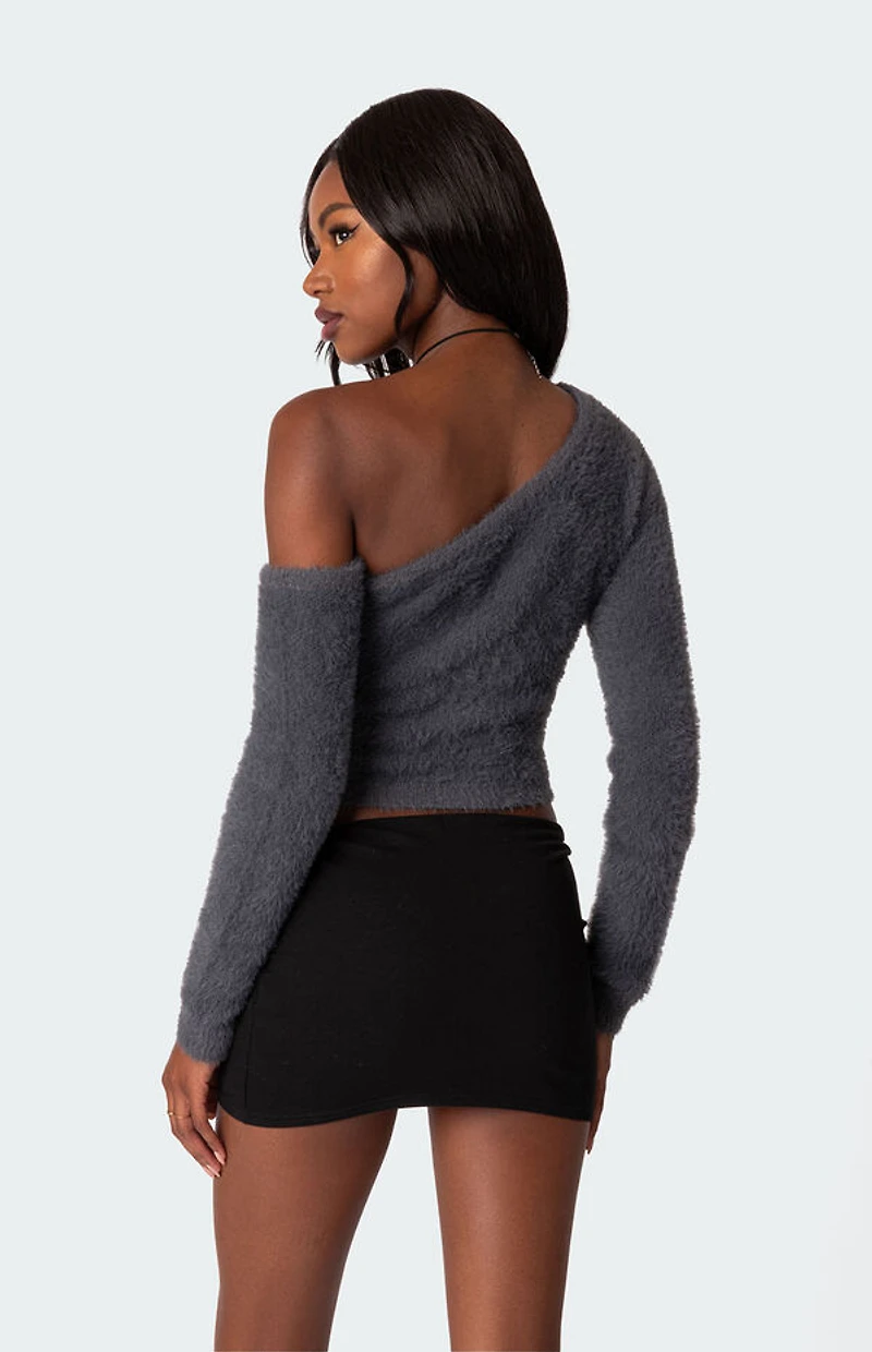 Edikted Frannie One Shoulder Fuzzy Knit Top