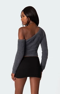 Edikted Frannie One Shoulder Fuzzy Knit Top