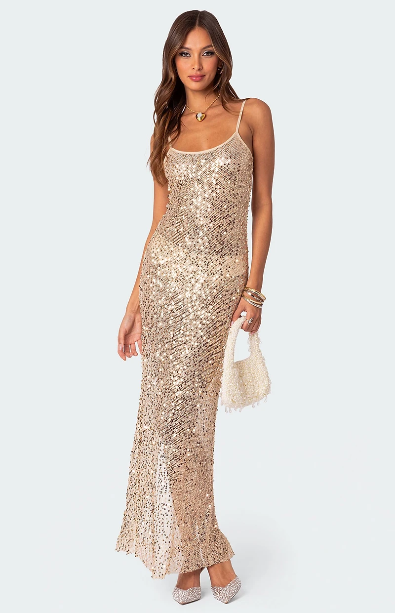 Edikted Sequin Sheer Mesh Maxi Dress