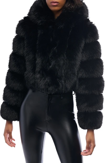 AZALEA WANG Jolene Black Hooded Faux Fur Coat