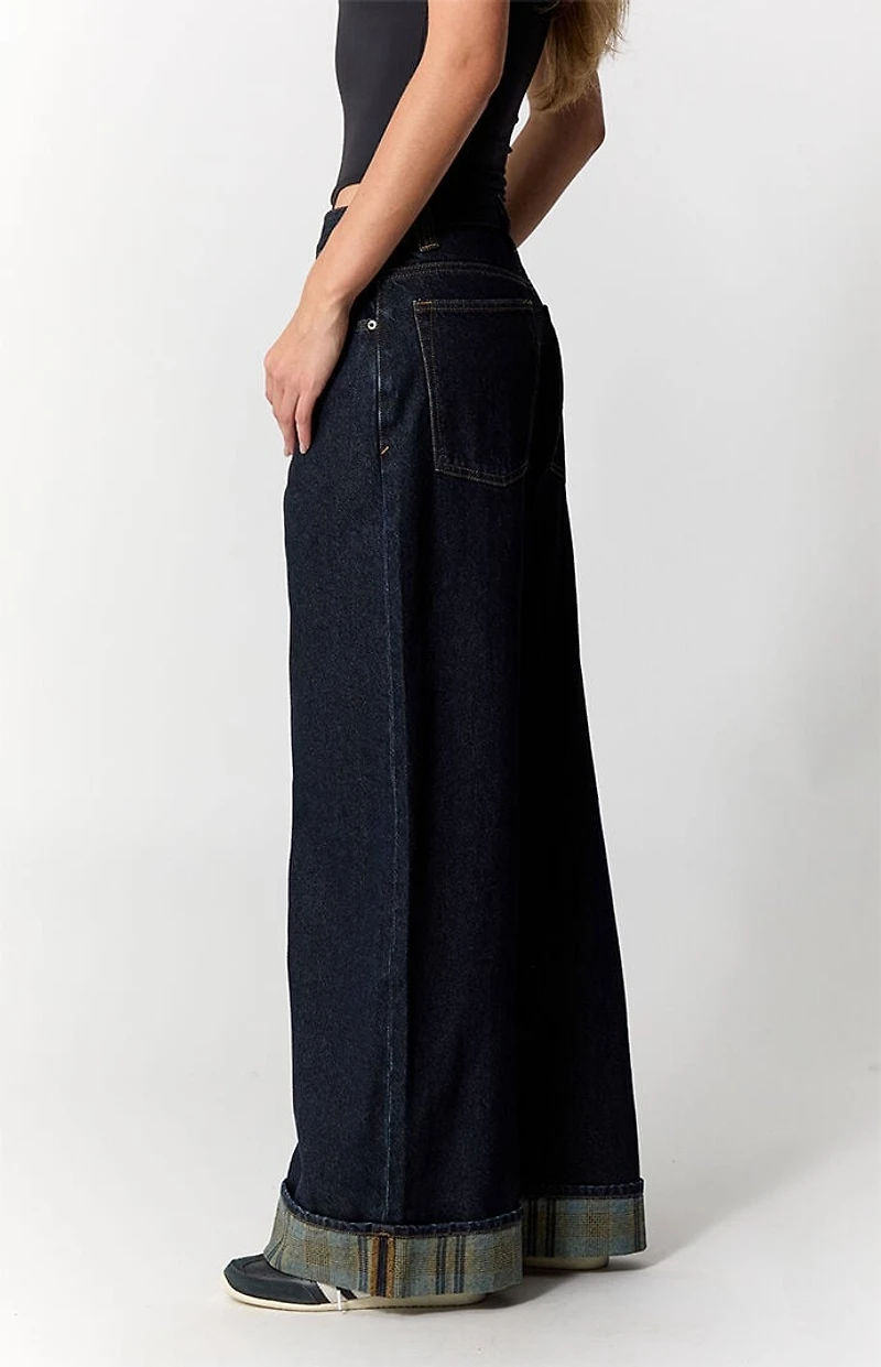Pacsun Sloane Low Rise Ultra Baggy Jeans Plaid Roll Cuff Dark Blue