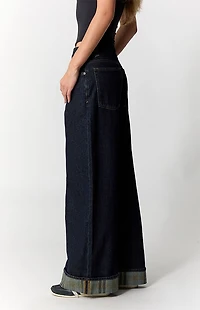 Pacsun Sloane Low Rise Ultra Baggy Jeans Plaid Roll Cuff Dark Blue