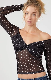 Beverly and Beck Lola Polka Dot Long Sleeve Off-The-Shoulder Top