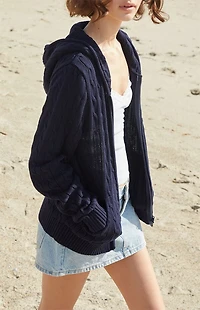 John Galt Navy Cable Knit Zip Up Hooded Sweater