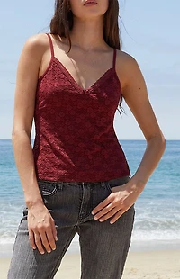 John Galt Burgundy Amara Lace Tank Top
