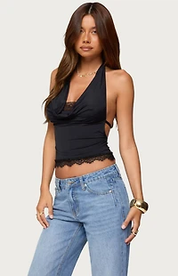 Edikted Layered Lacey Cowl Neck Halter Top