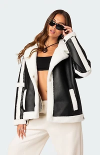Edikted Rocki Oversized Faux Leather Shearling Jacket
