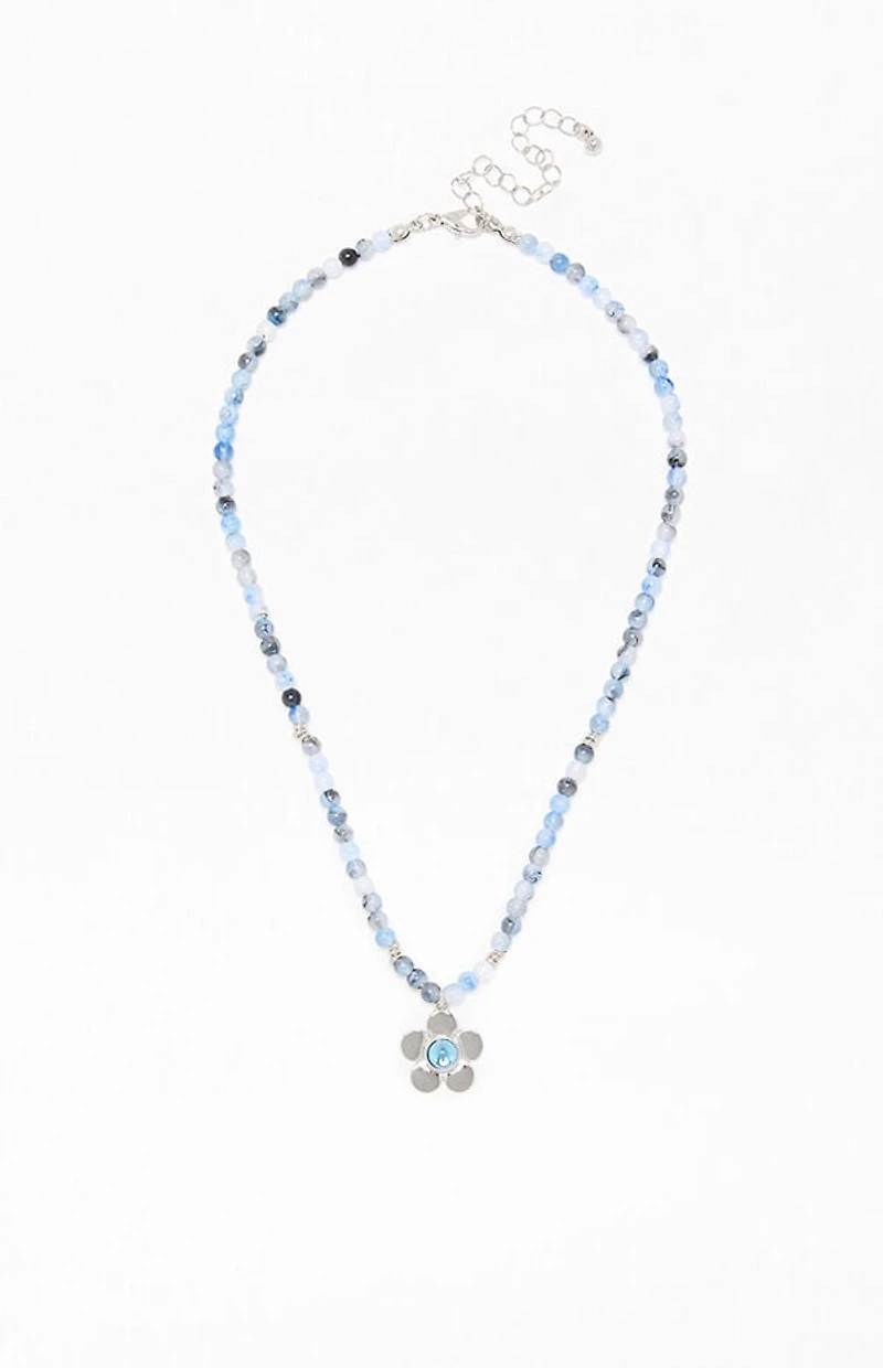 LA Hearts Blue Beaded Flower Necklace