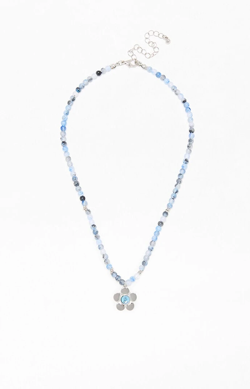 LA Hearts Blue Beaded Flower Necklace
