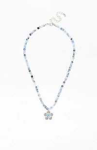 LA Hearts Blue Beaded Flower Necklace