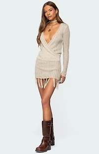 Edikted Tassel Knit Wrap Mini Dress