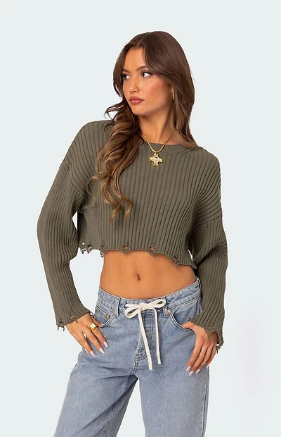 Edikted Distressed Hem Oversized Cropped Sweater