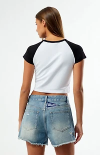 HYPE & VICE Yale Bulldogs High Waisted Relaxed Patched Denim Shorts