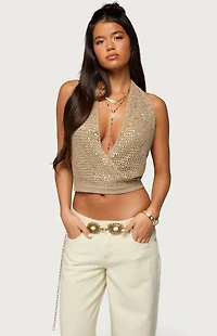 Edikted Sequin Crochet Backless Halter Top