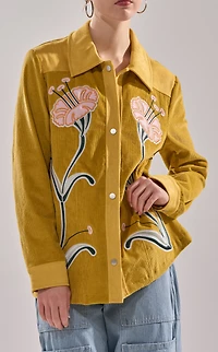 AZALEA WANG Geraldine Mustard Floral Embroidered Corduroy Jacket