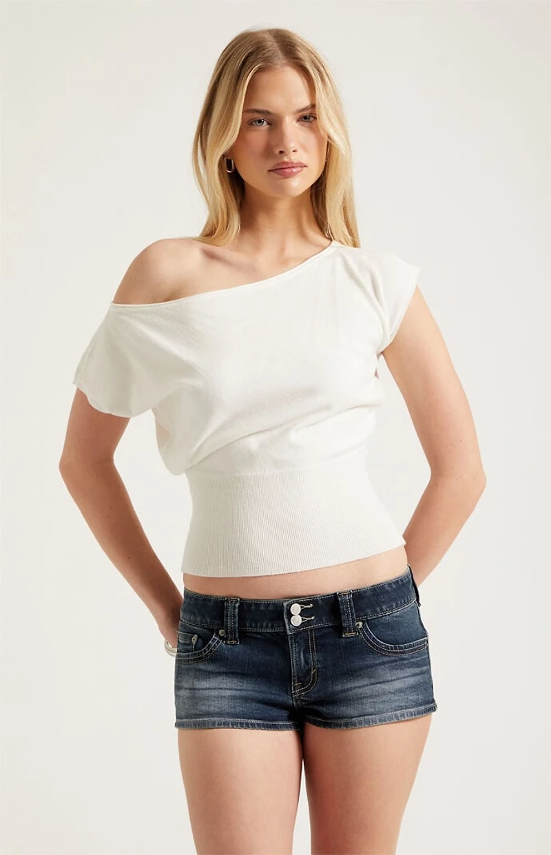 Pacsun Tatum Ultimate Low Rise Denim Micro Shorts Stretch Button Dark Blue