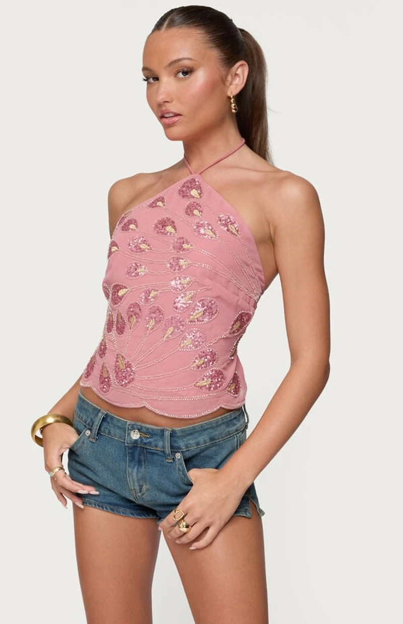 Edikted Embroidered Bead & Sequin Halter Top