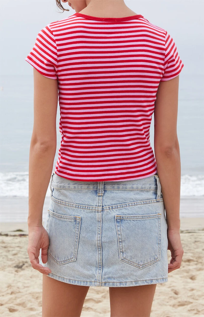 John Galt Red Hailie Striped Short Sleeve Crop Top