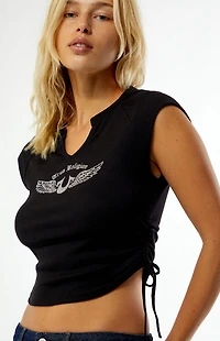True Religion Crystal Notched V-Neck Side Ruched Top