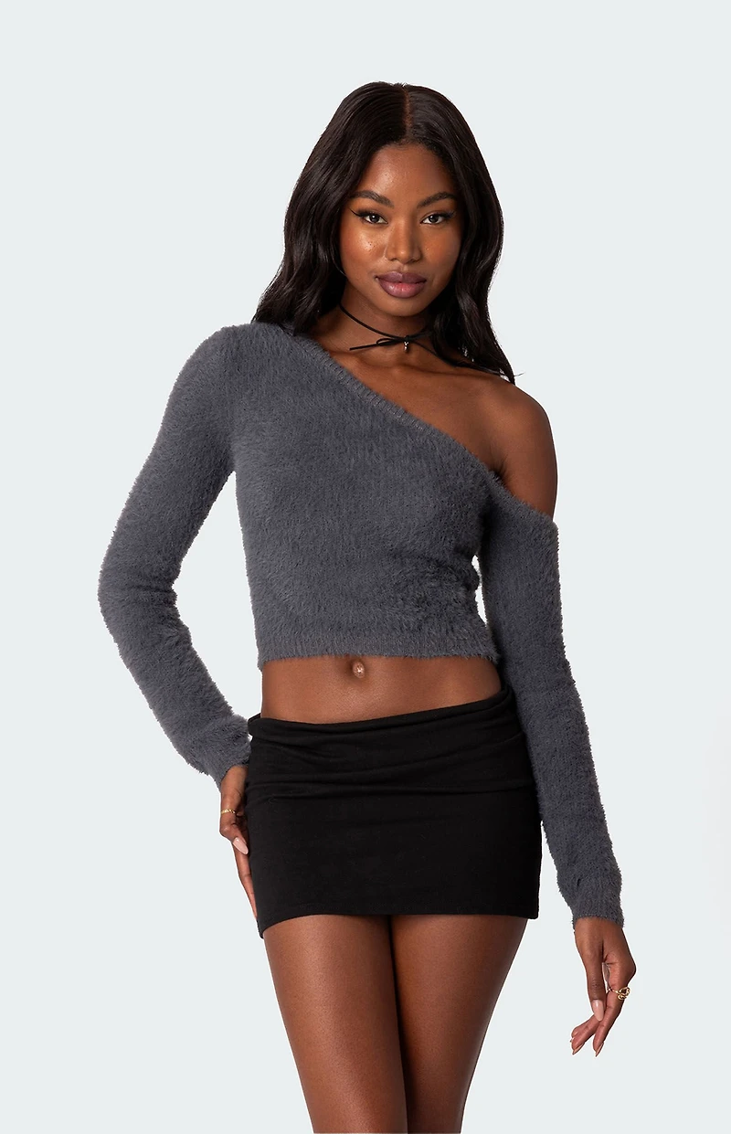 Edikted Frannie One Shoulder Fuzzy Knit Top