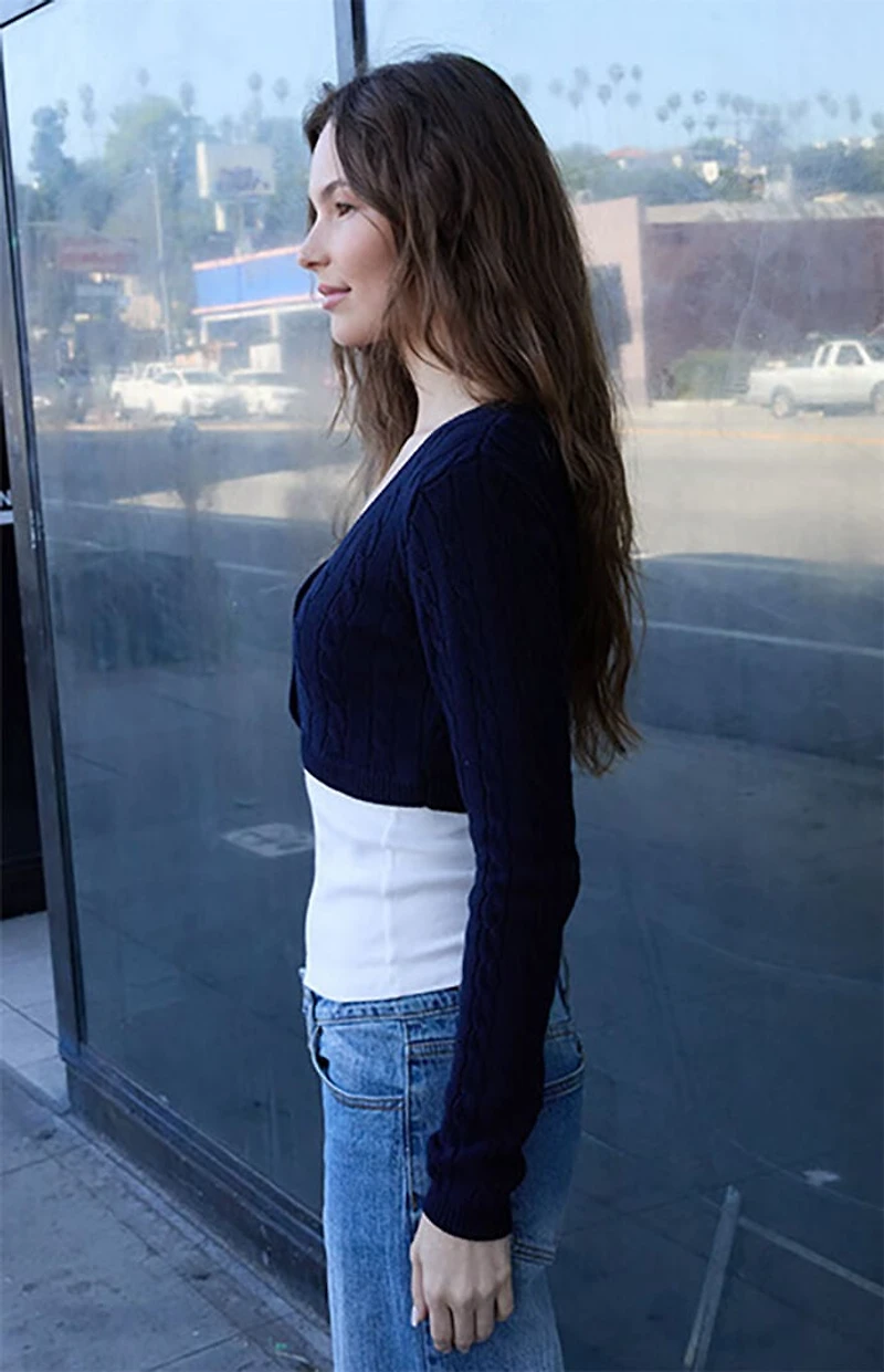 John Galt Blue Cable Knit Cropped Cardigan