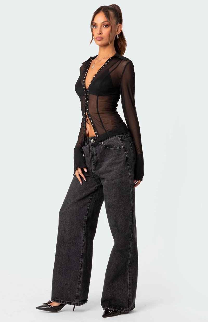 Edikted Lace Up Sheer Mesh Top