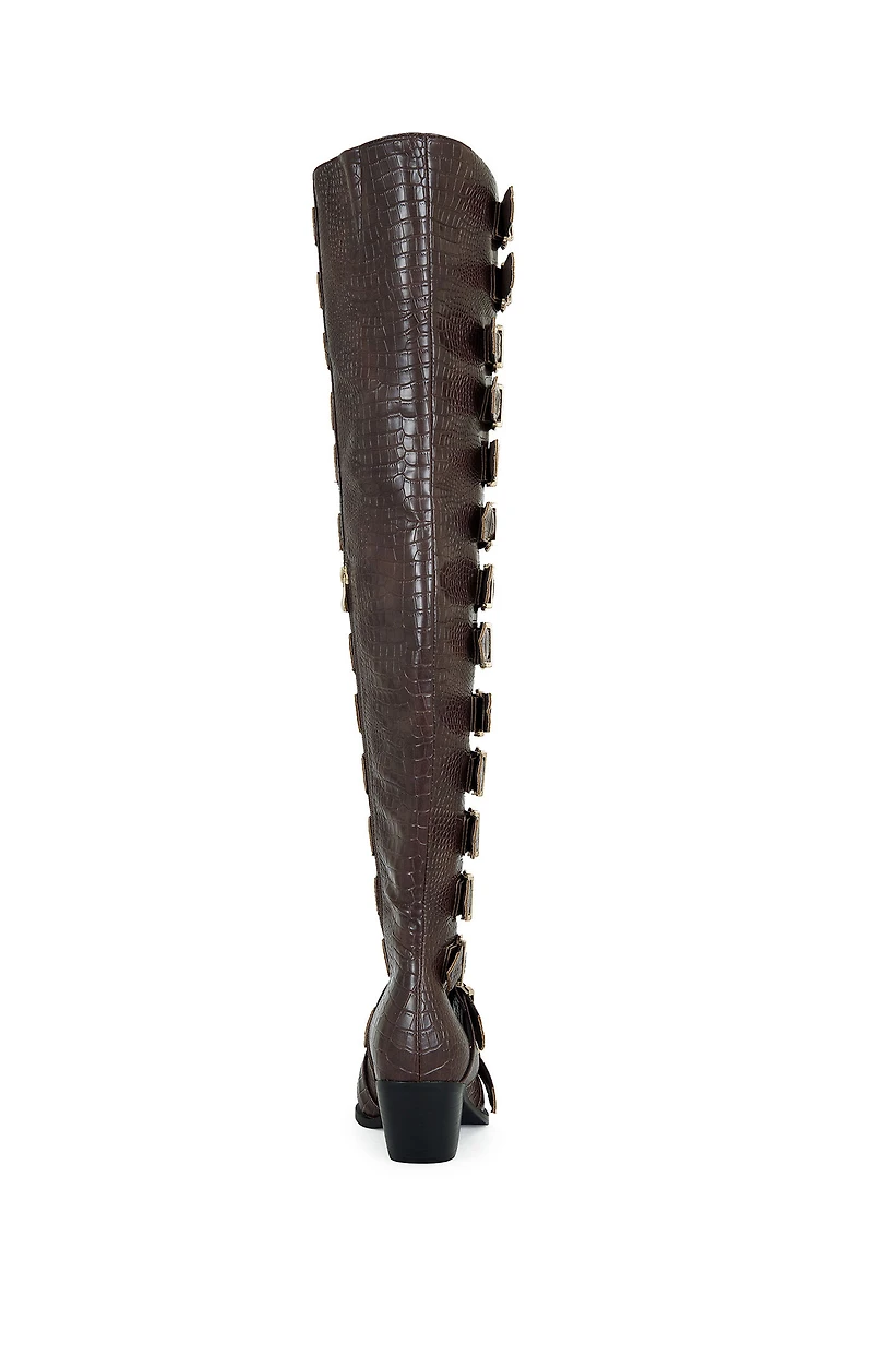 AZALEA WANG Braulia Brown Crocodile Faux Leather Over The Knee Boots